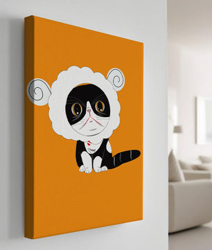 Ilustración de un gato disfrazado de oveja sobre fondo naranja vibrante