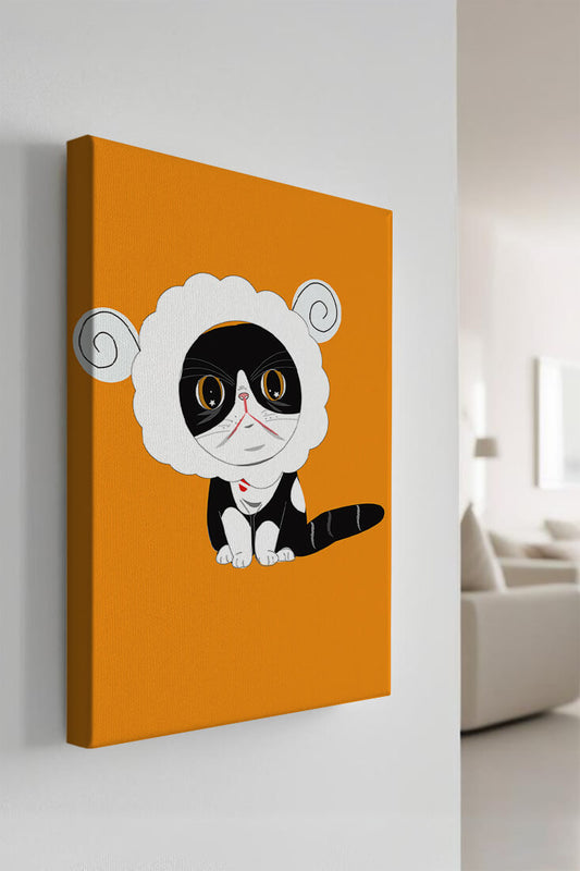 Illustration of a cat in sheep costume on vibrant orange background