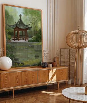 Tranquil Asian garden scene with traditional pagoda and serene pond