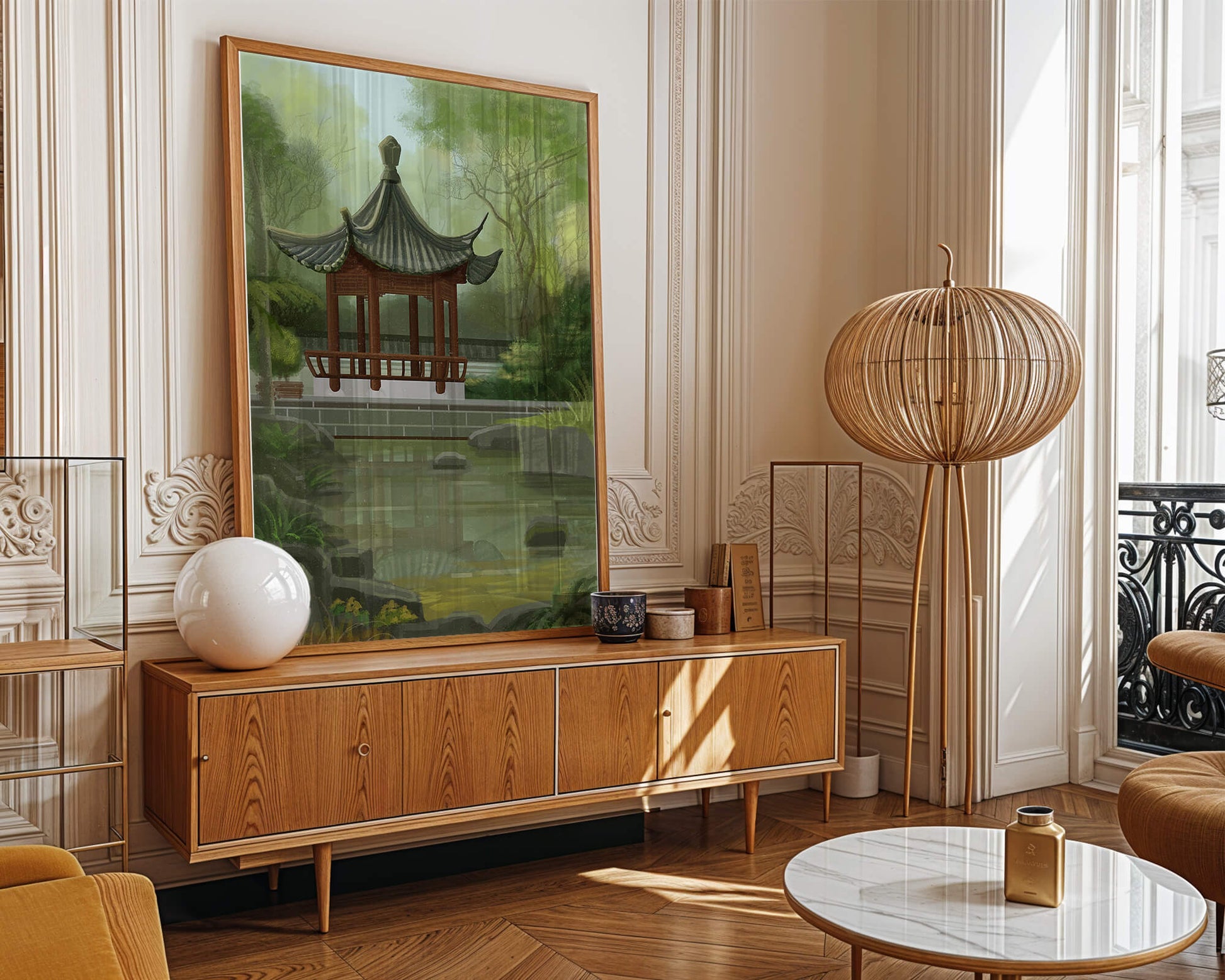 Tranquil Asian garden scene with traditional pagoda and serene pond