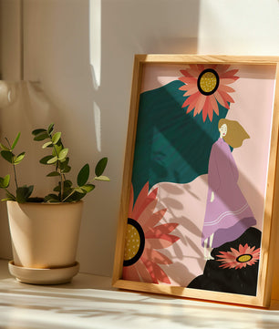 Stylized illustration of woman with vibrant floral elements