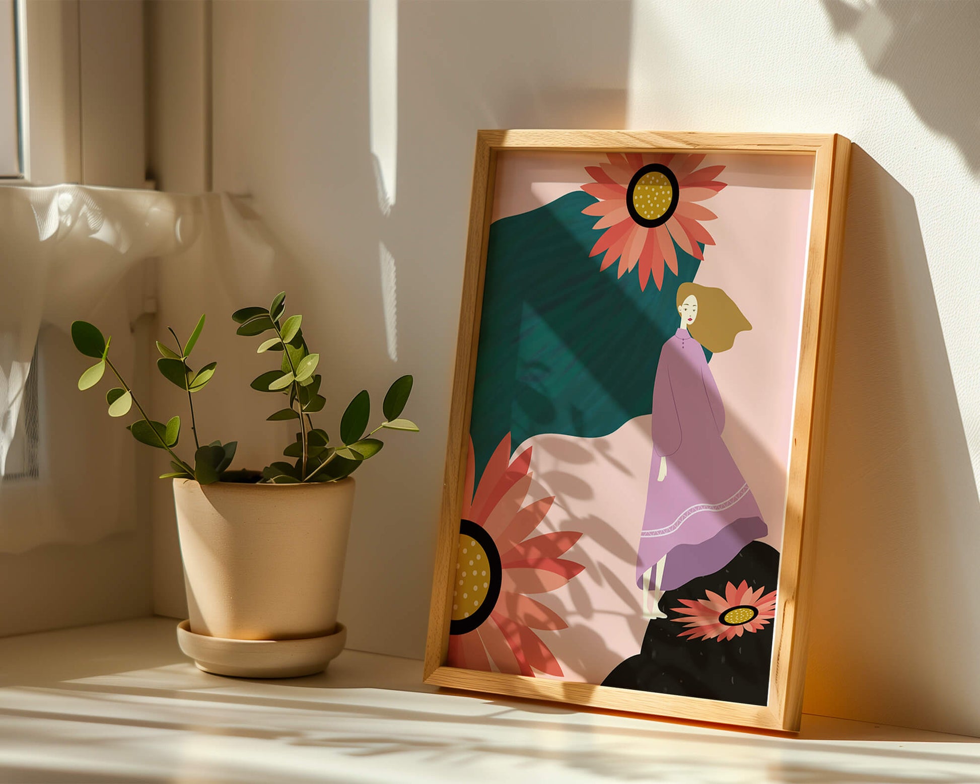 Stylized illustration of woman with vibrant floral elements