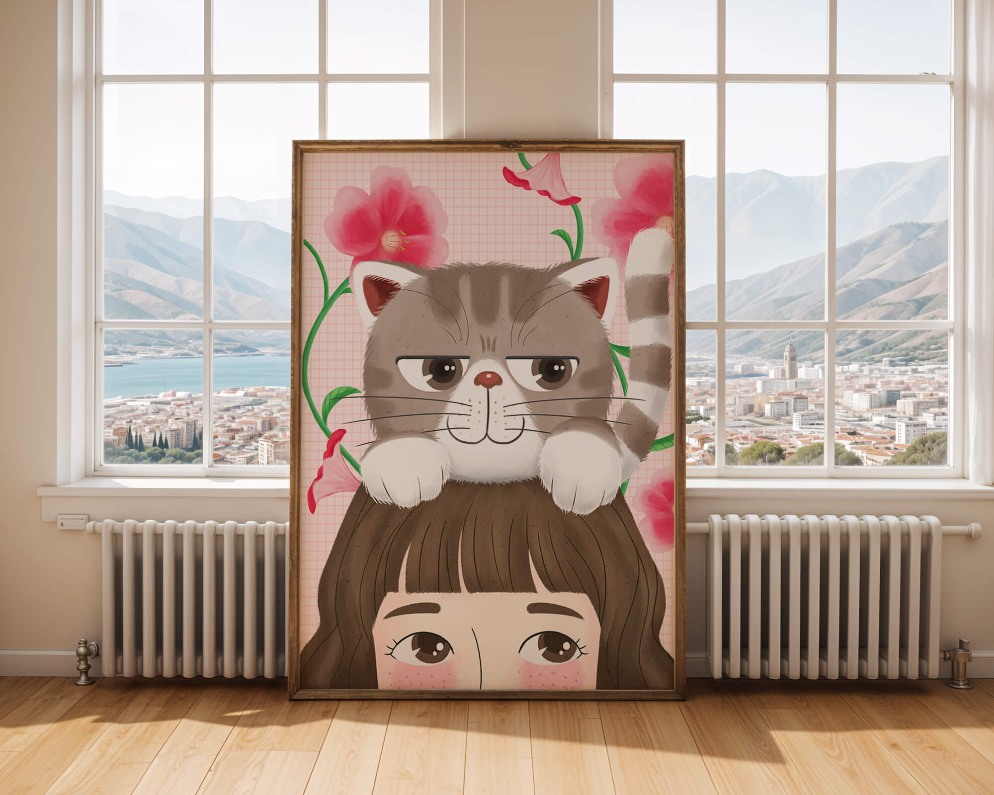 Illustration of a cat sitting on a person's head with pink flowers