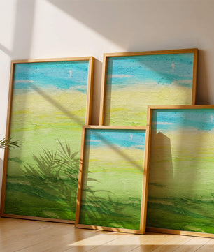 Paisaje abstracto con cielo azul y campos verdes