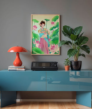 Traditional Asian woman in a garden surrounded by lotus flowers and green leaves