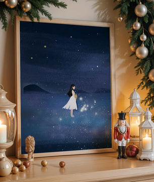 Niña en vestido blanco mirando al cielo estrellado