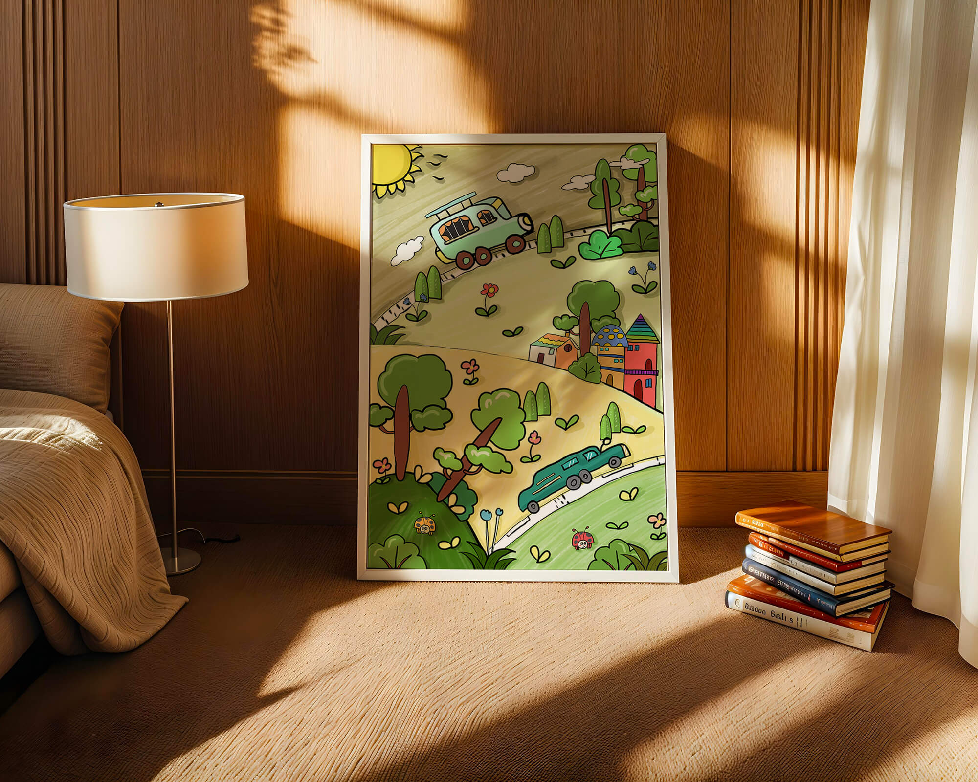 Colorful cartoon landscape with vehicles and nature scene