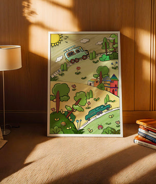 Colorful cartoon landscape with vehicles and nature scene