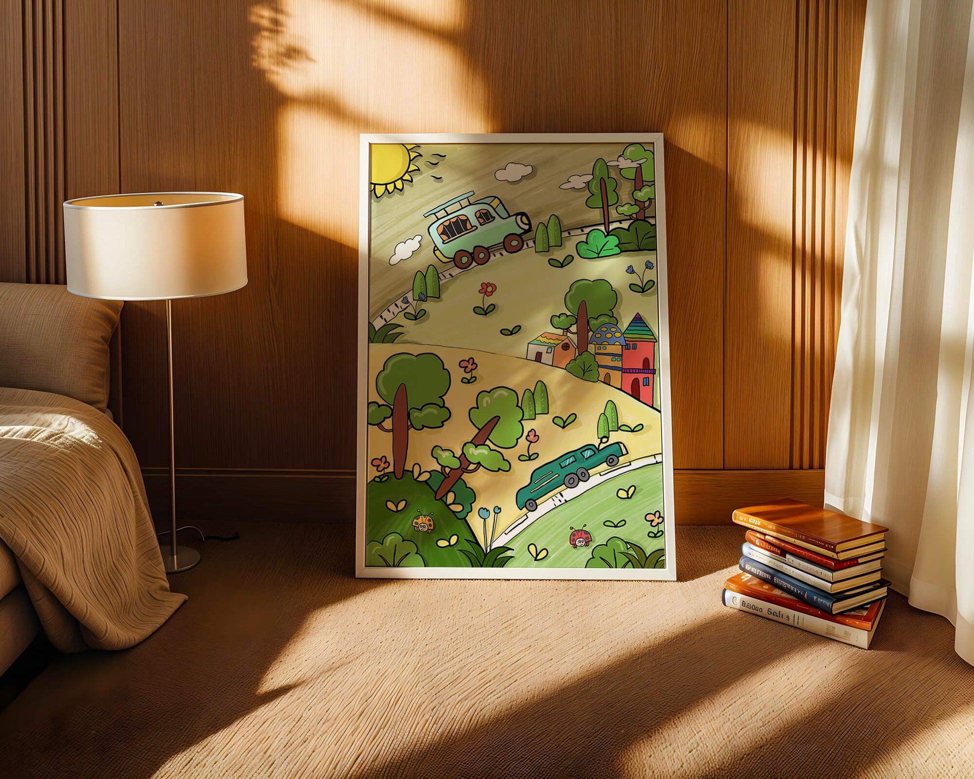 Colorful cartoon landscape with vehicles and nature scene