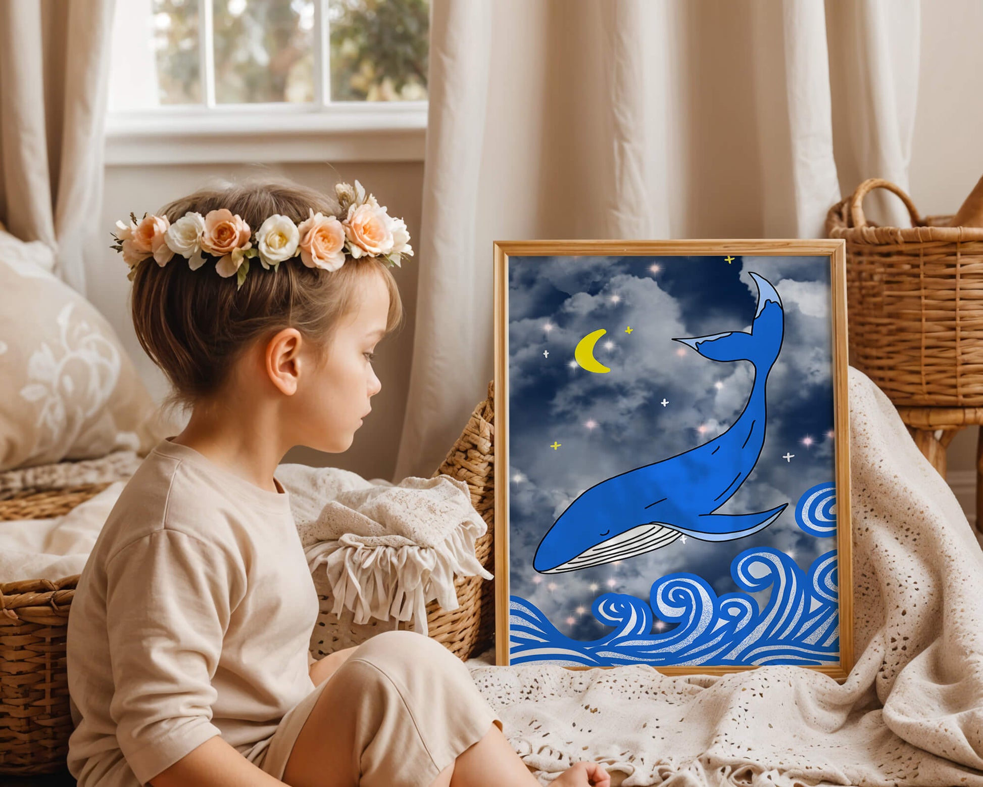 Whimsical blue whale in a starry night ocean scene