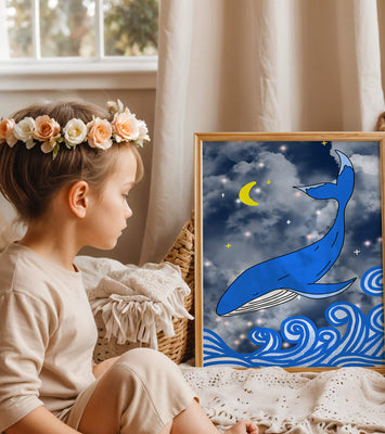 Whimsical blue whale in a starry night ocean scene