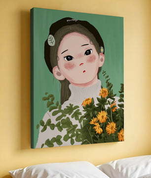 Illustration of a girl with flowers and a beret on a green background