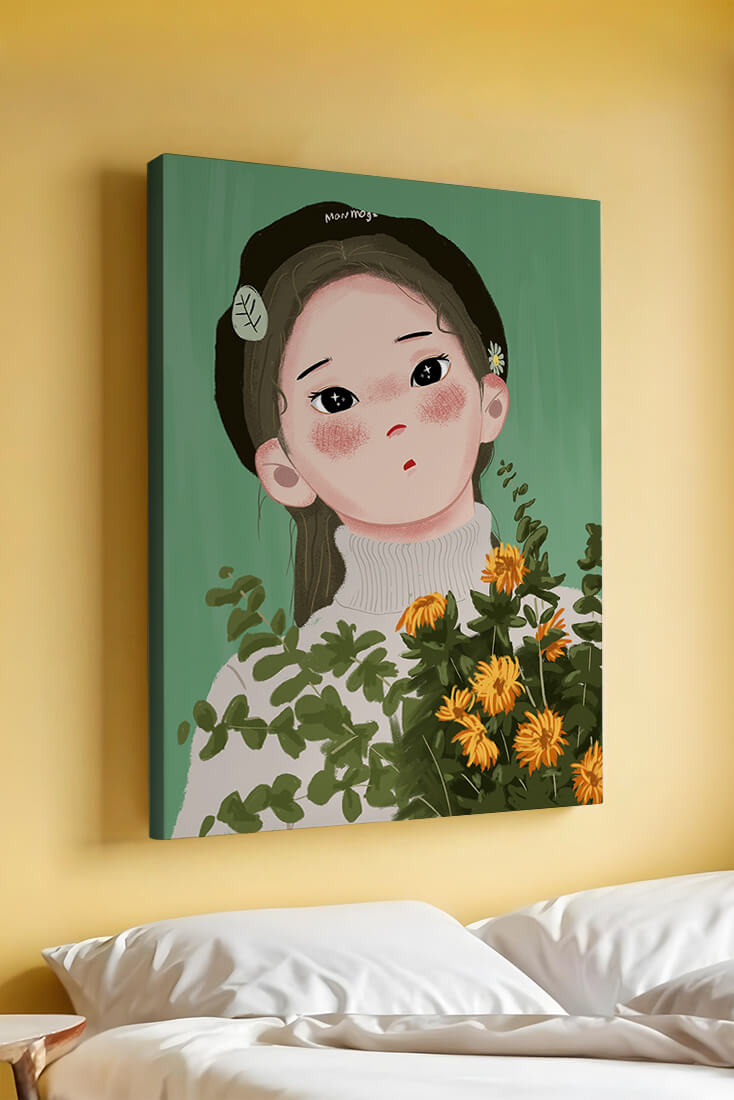 Illustration of a girl with flowers and a beret on a green background
