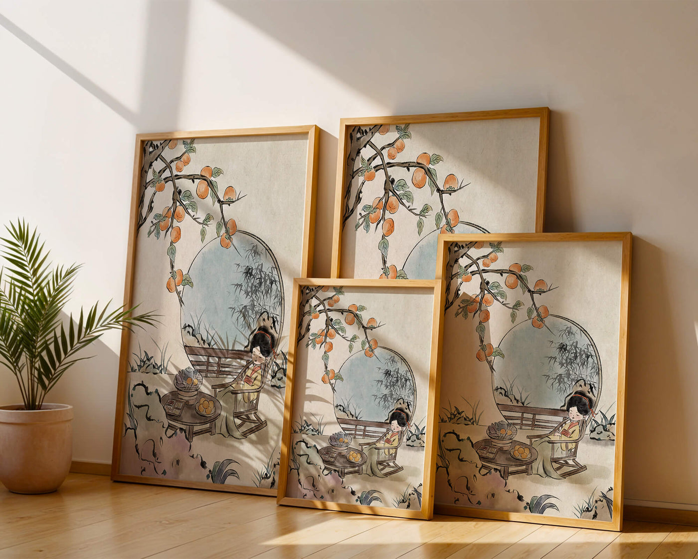 Tranquil garden scene with persimmons and serene figure