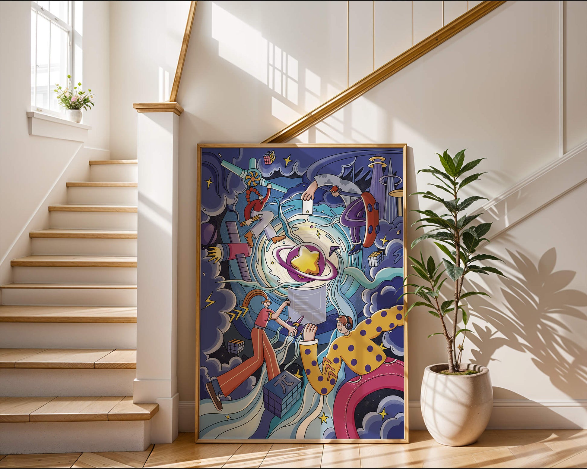 Colorful Cosmic Exploration with Animated Characters and Geometric Shapes