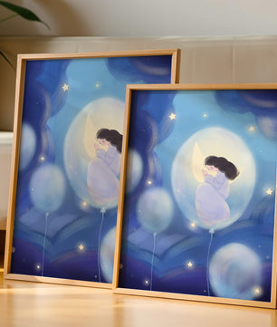 Dreamlike night sky with a girl on a moon enveloped by stars and balloons