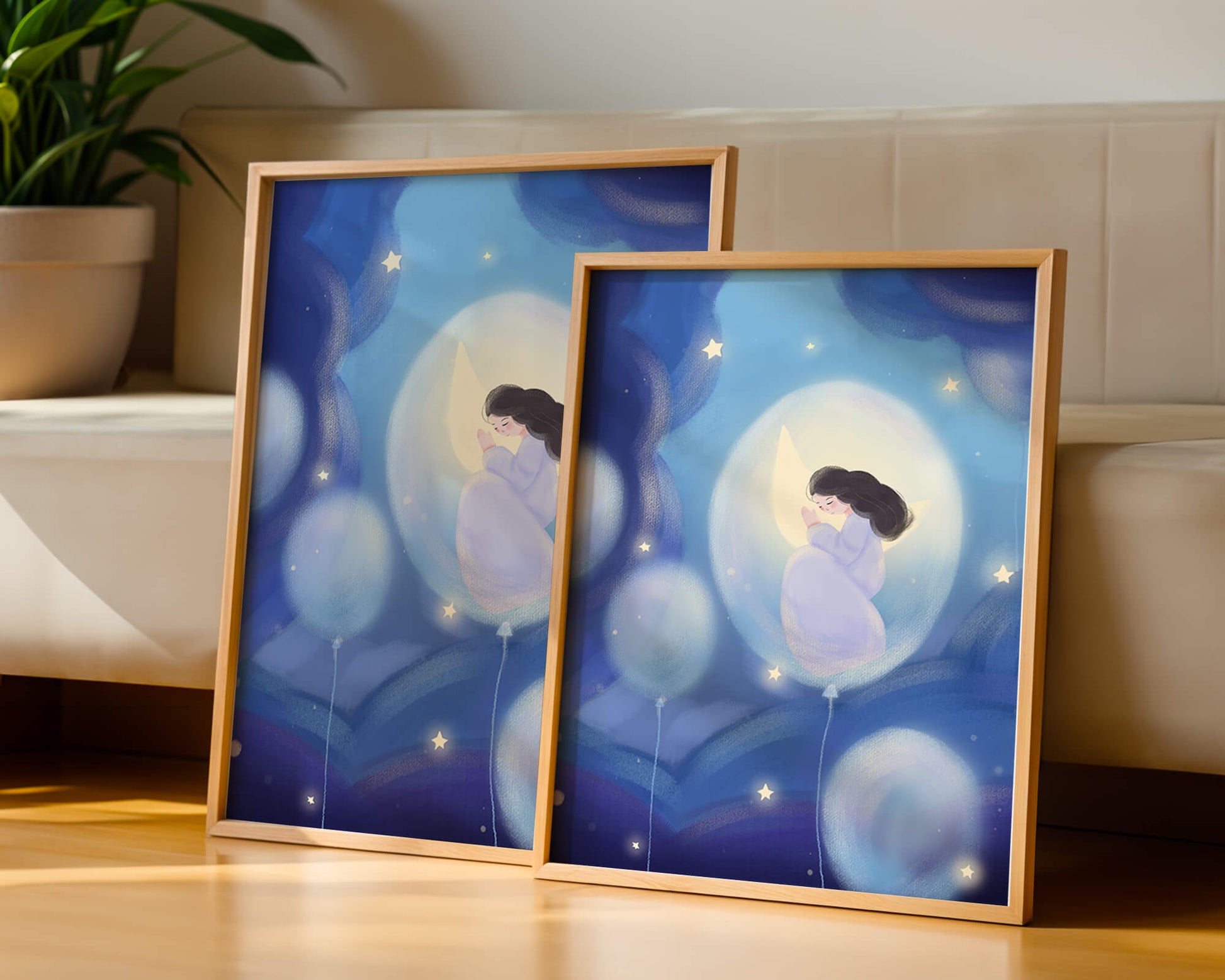 Dreamlike night sky with a girl on a moon enveloped by stars and balloons