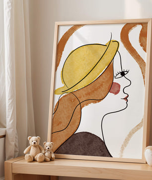 Retrato de línea moderna de una mujer con sombrero y colores vibrantes