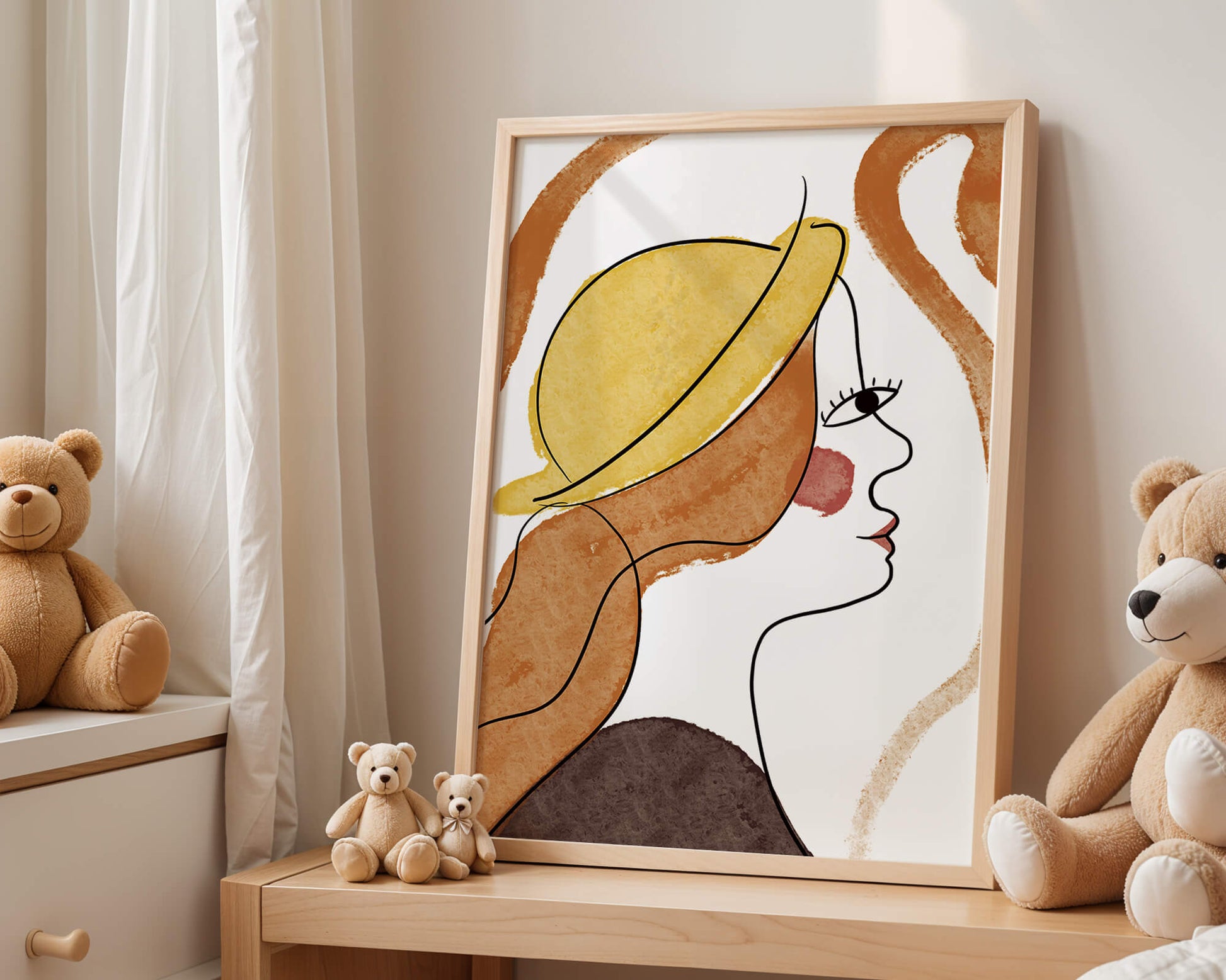 Retrato de línea moderna de una mujer con sombrero y colores vibrantes