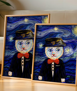 Whimsical cat character against starry night sky background