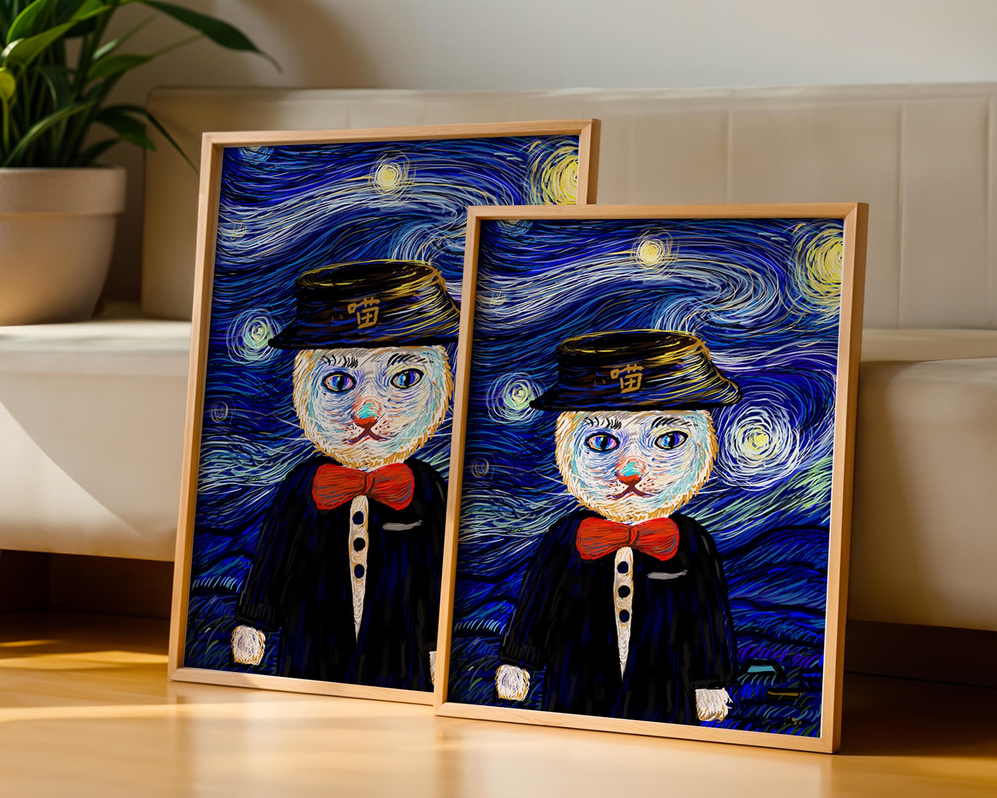 Whimsical cat character against starry night sky background