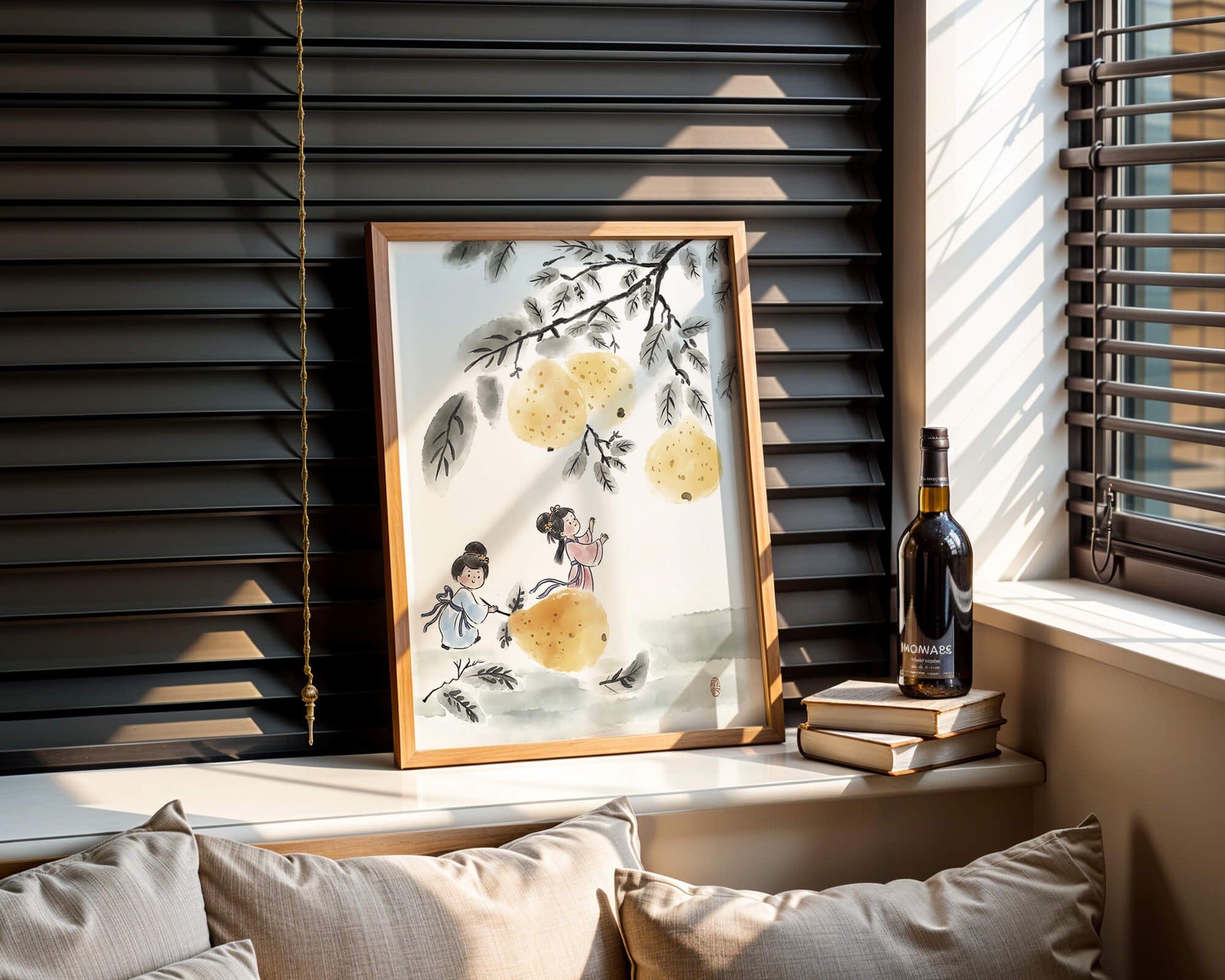 Ilustración encantadora de niños en vestimenta tradicional recolectando peras