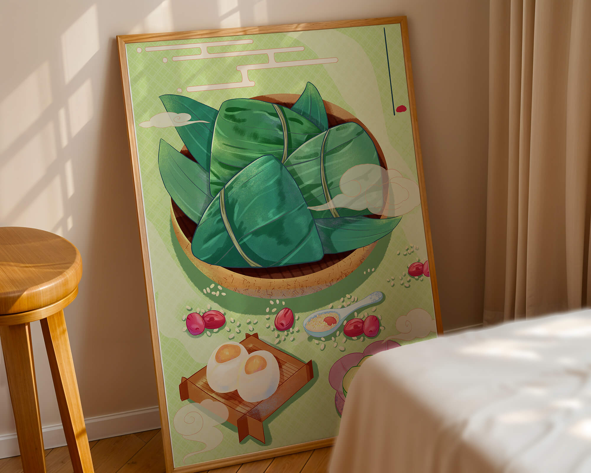 Traditional Asian food illustration with rice dumplings and mooncakes on a green background