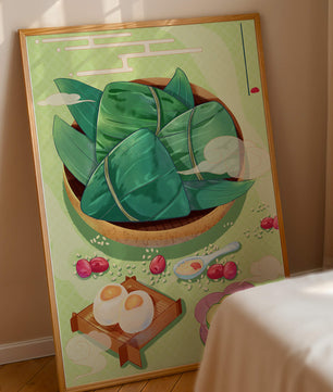 Traditional Asian food illustration with rice dumplings and mooncakes on a green background