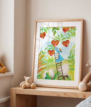 Mujer recolectando frutas en forma de corazón en el vibrante campo