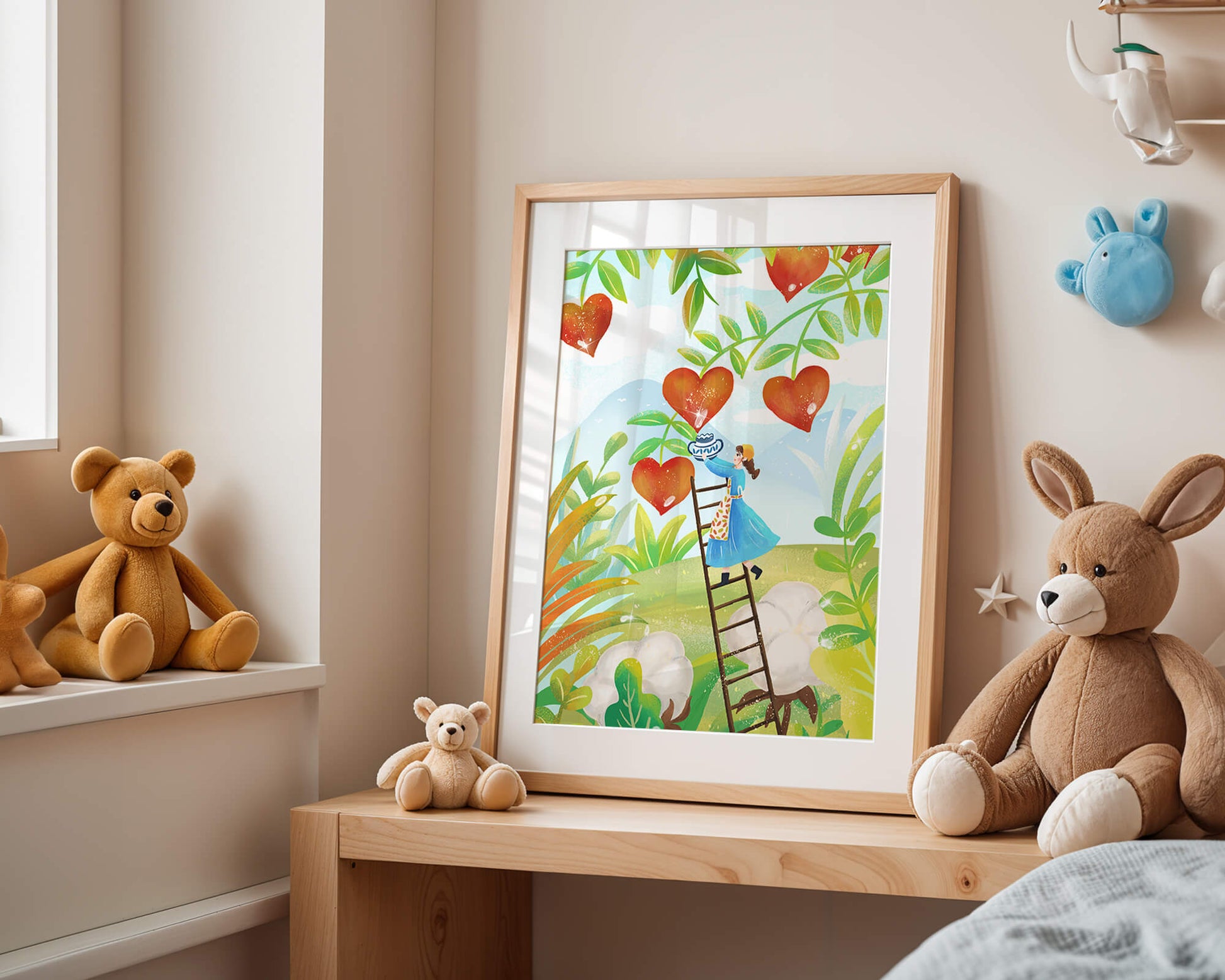 Mujer recolectando frutas en forma de corazón en el vibrante campo