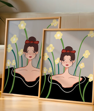 Ilustración de una mujer con fondo floral y lazo rojo
