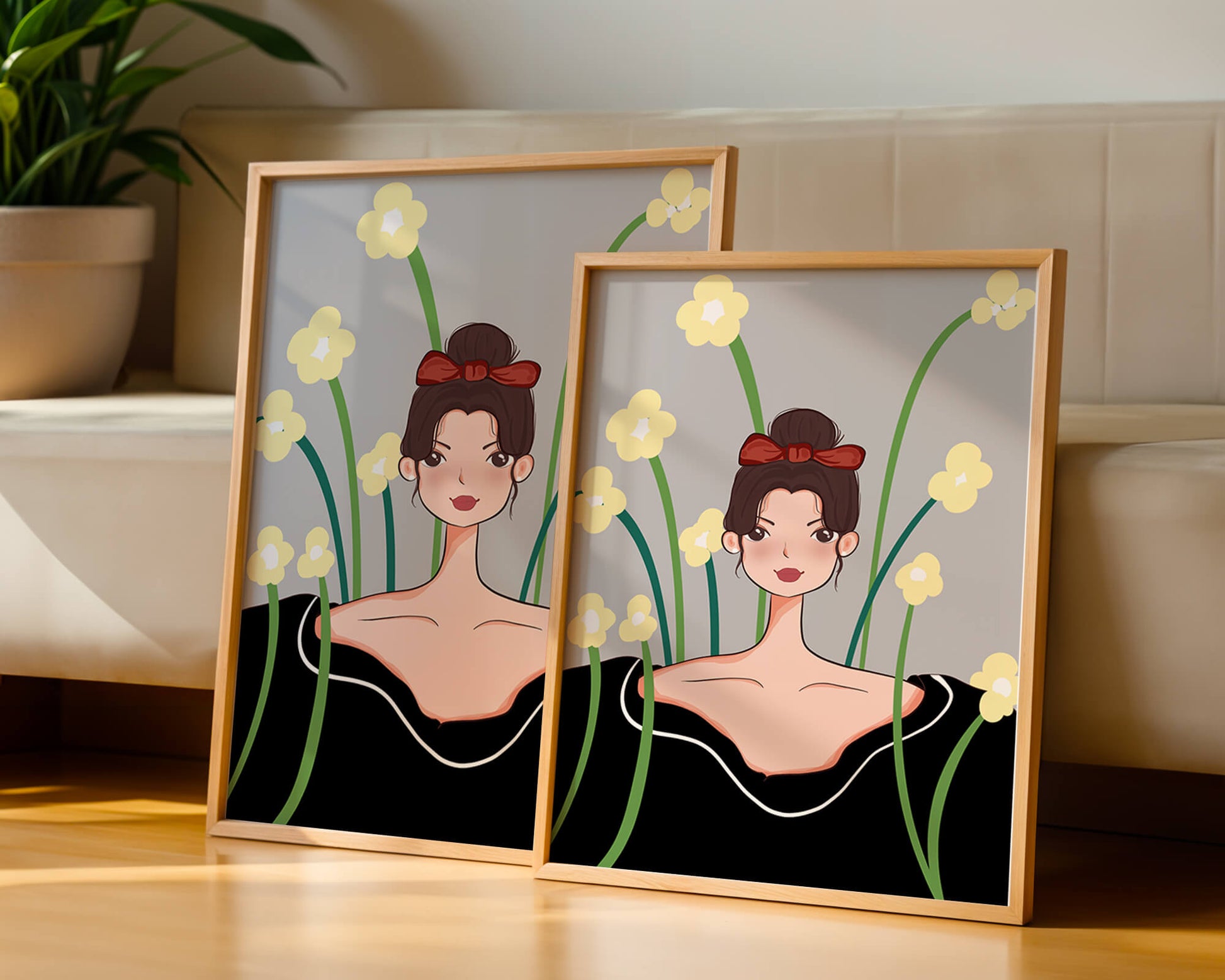 Illustration of a woman with floral background and red bow