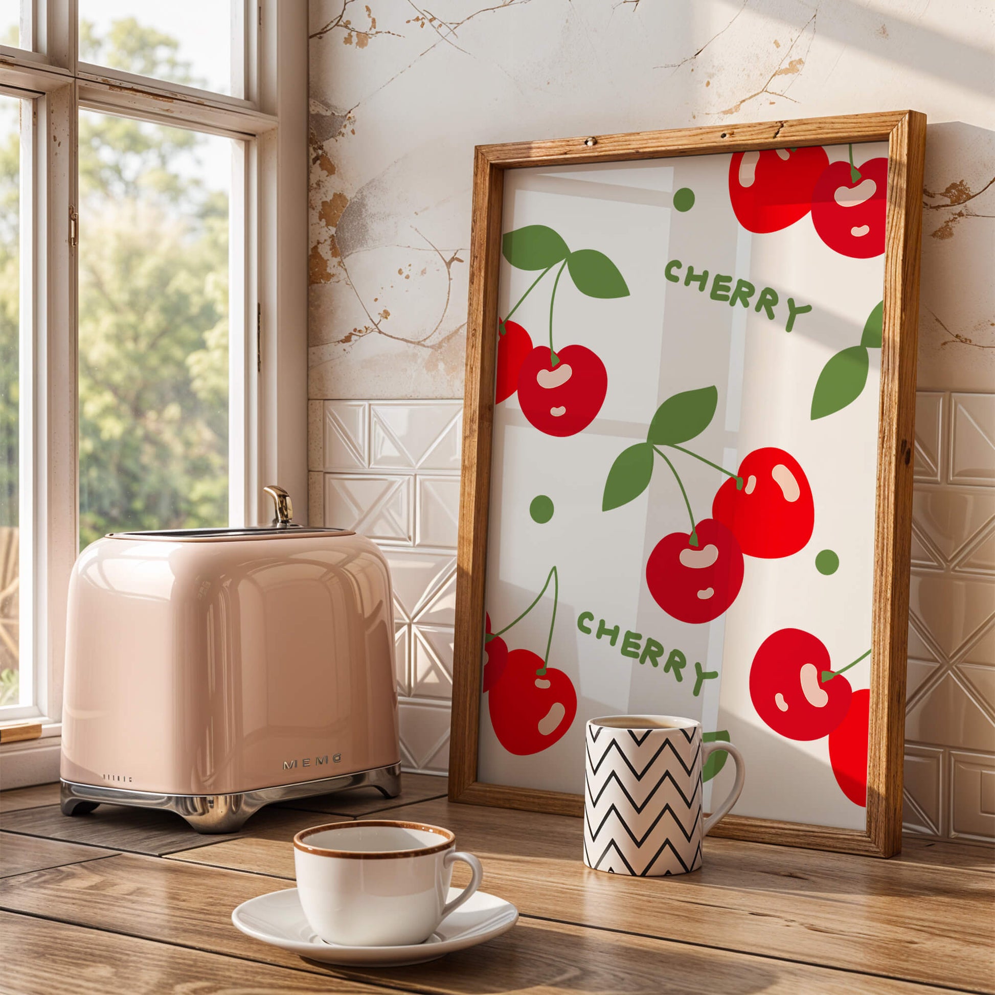 Cherry pattern on black background with green leaves
