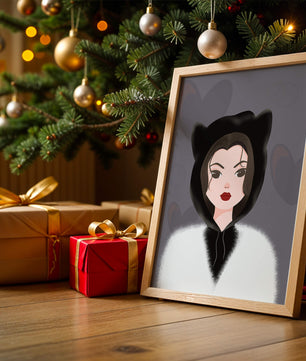 Illustration of a woman in a cat hoodie on a soft gray background