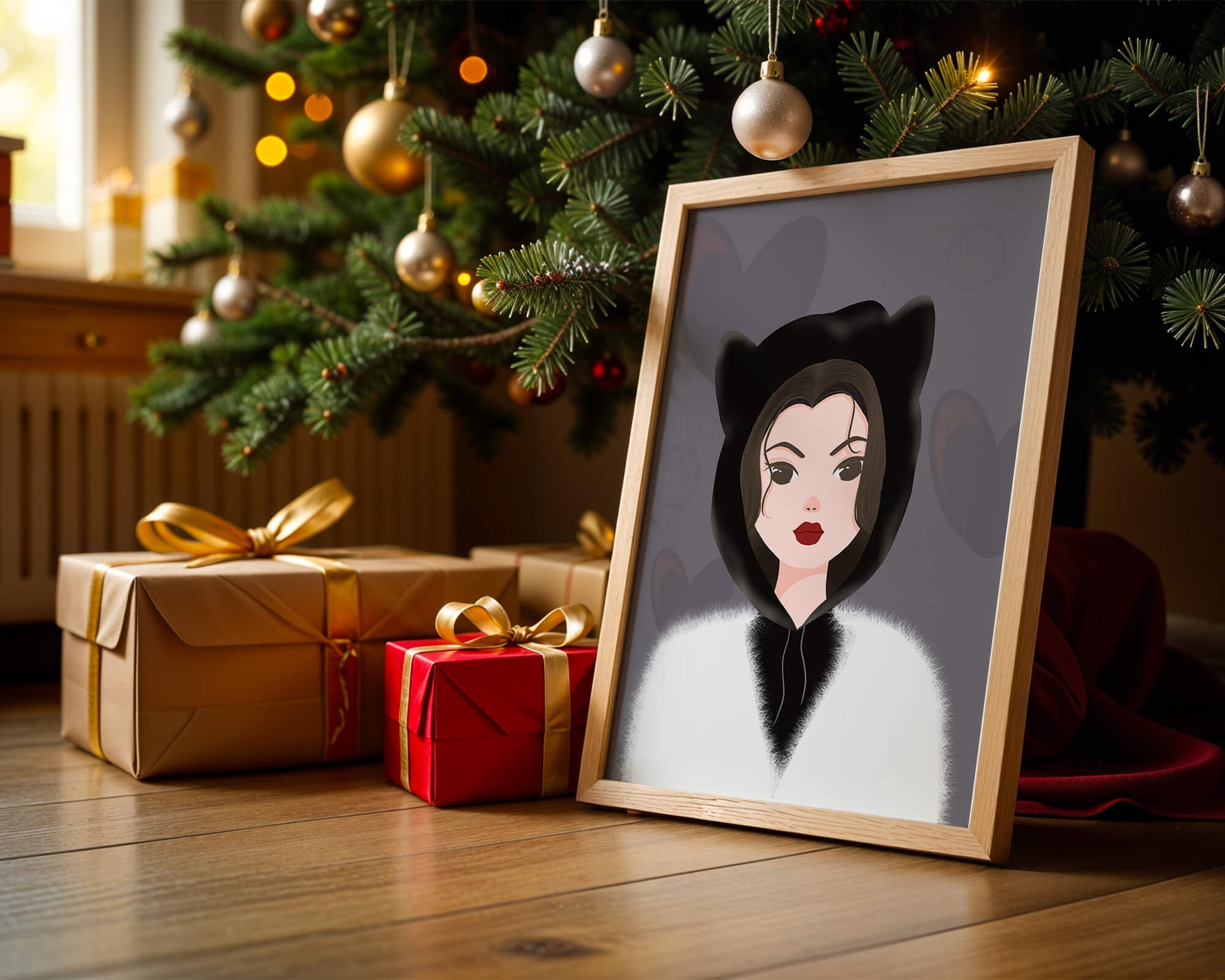 Illustration of a woman in a cat hoodie on a soft gray background