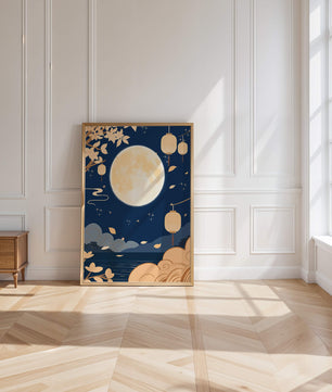 Full Moon Night with Lanterns and Falling Leaves in Tranquil Landscape
