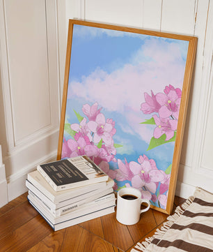 Ilustración de flores rosadas contra un cielo azul vibrante con nubes