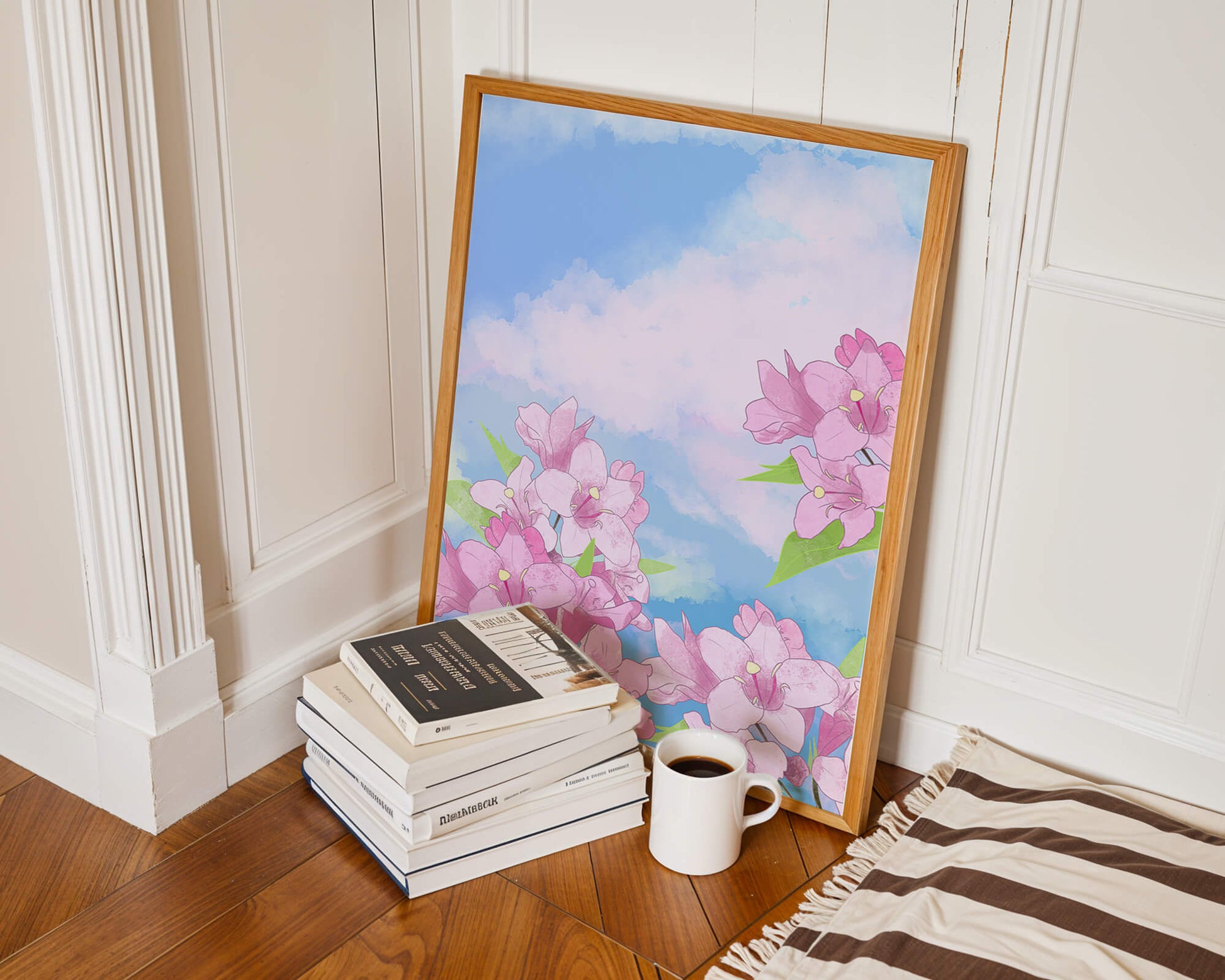 Ilustración de flores rosadas contra un cielo azul vibrante con nubes