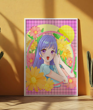Anime-Mädchen mit leuchtenden Blumen und lila Haaren auf buntem Hintergrund