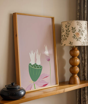 Whimsical Rabbits on Lotus with Pink Background