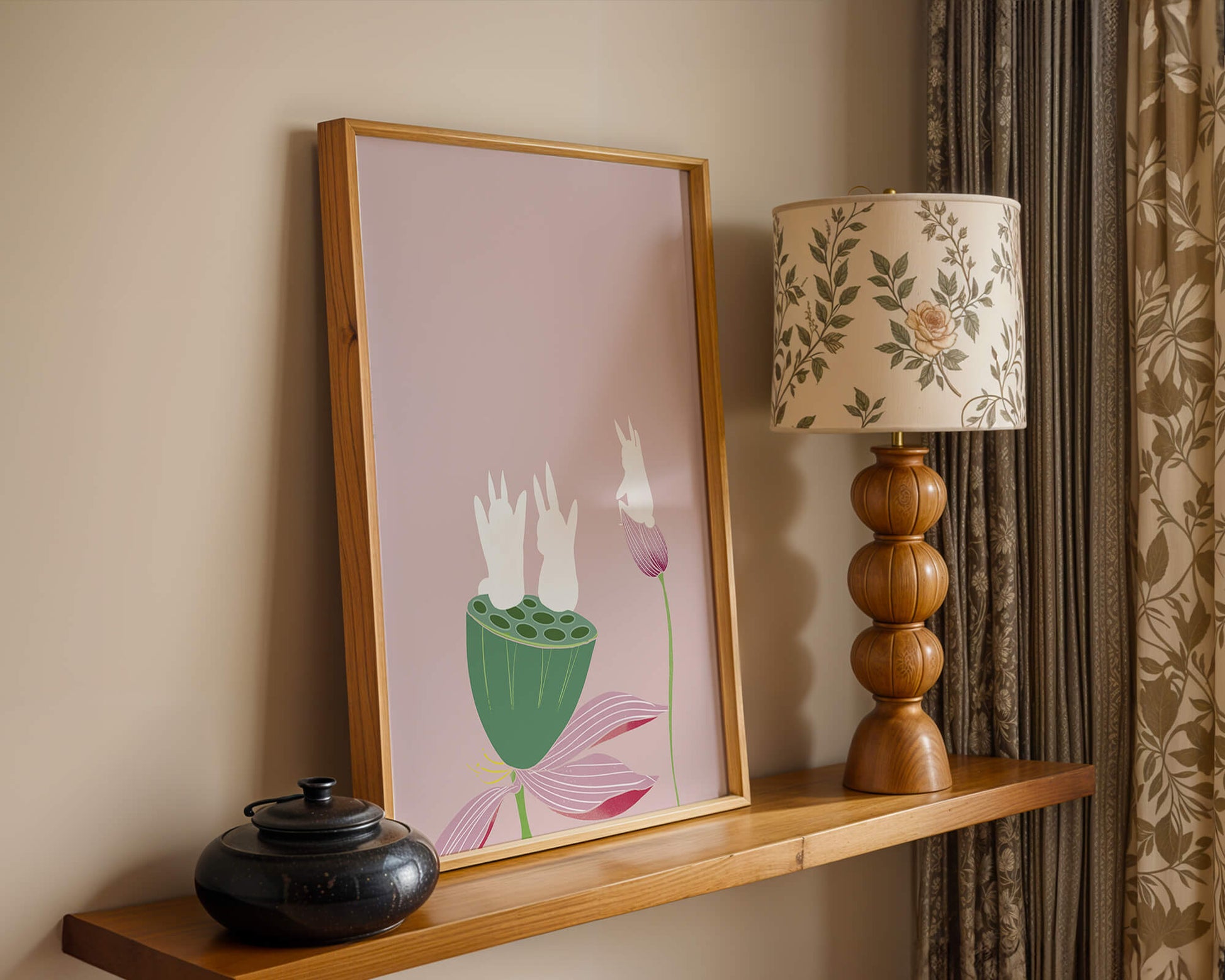 Whimsical Rabbits on Lotus with Pink Background