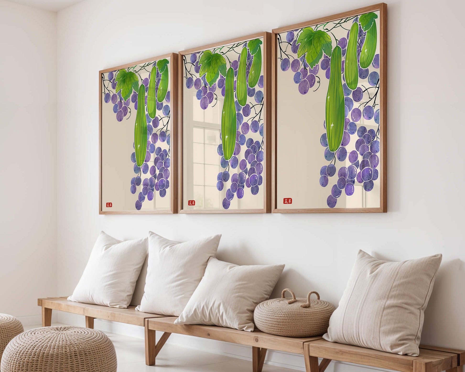 Ilustración de uvas y pepino con colores vibrantes y hojas