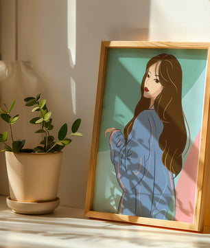 Illustration of woman with long hair and blue jacket