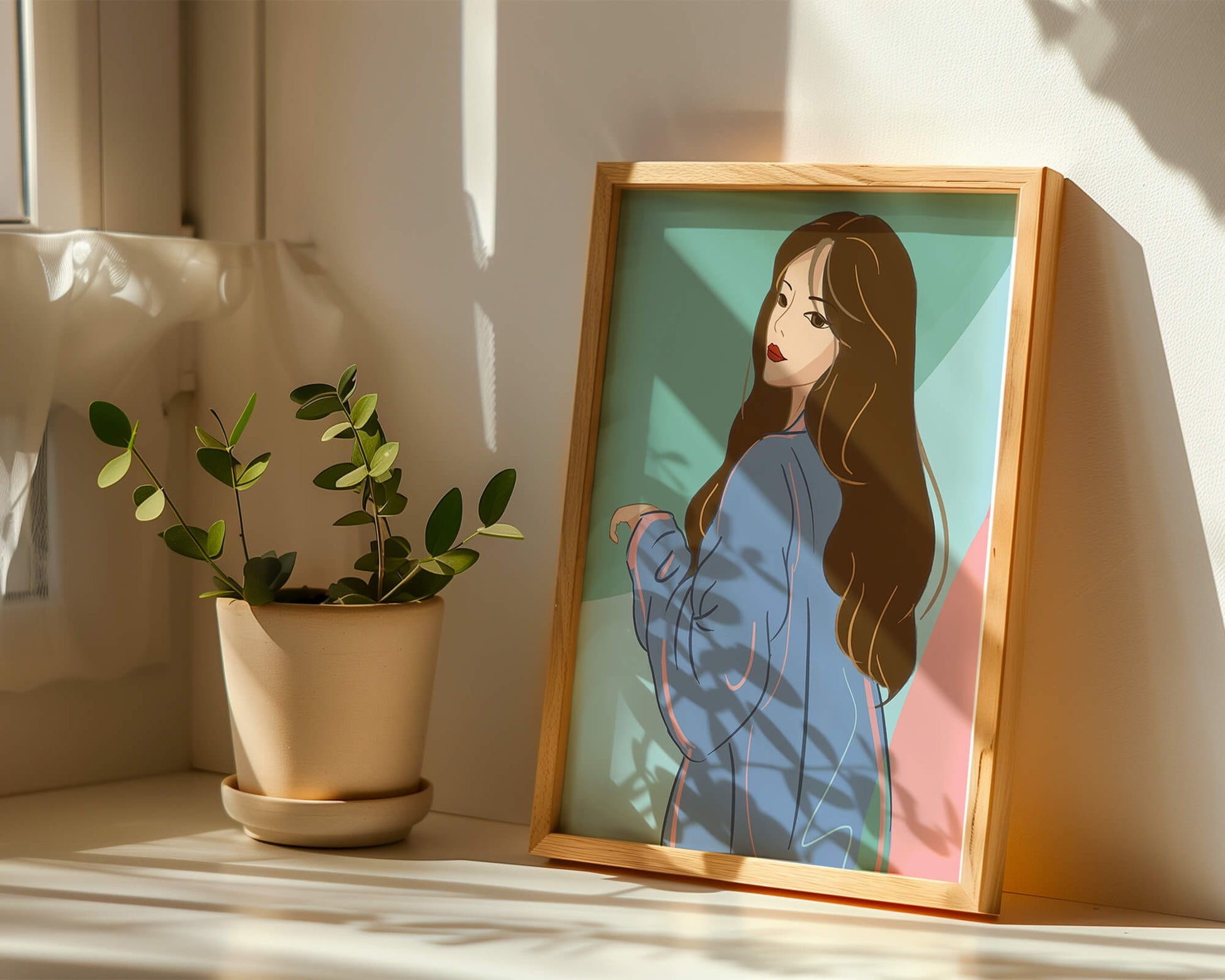 Illustration of woman with long hair and blue jacket