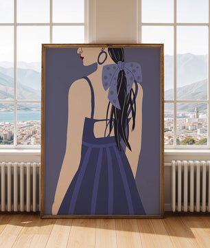 Stilvolle Illustration einer Frau mit gepunkteter Schleife und blauem Kleid