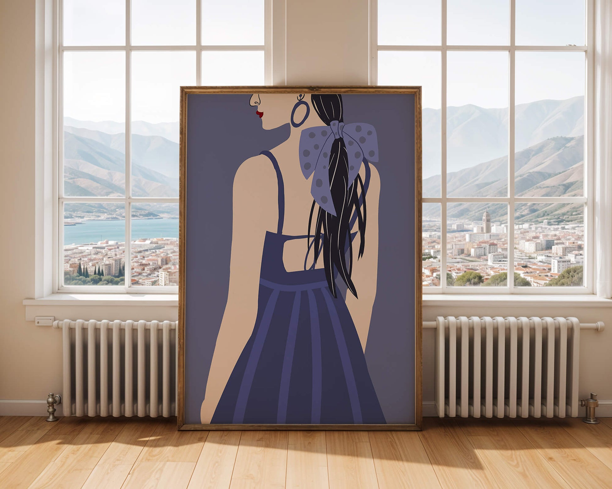 Stilvolle Illustration einer Frau mit gepunkteter Schleife und blauem Kleid