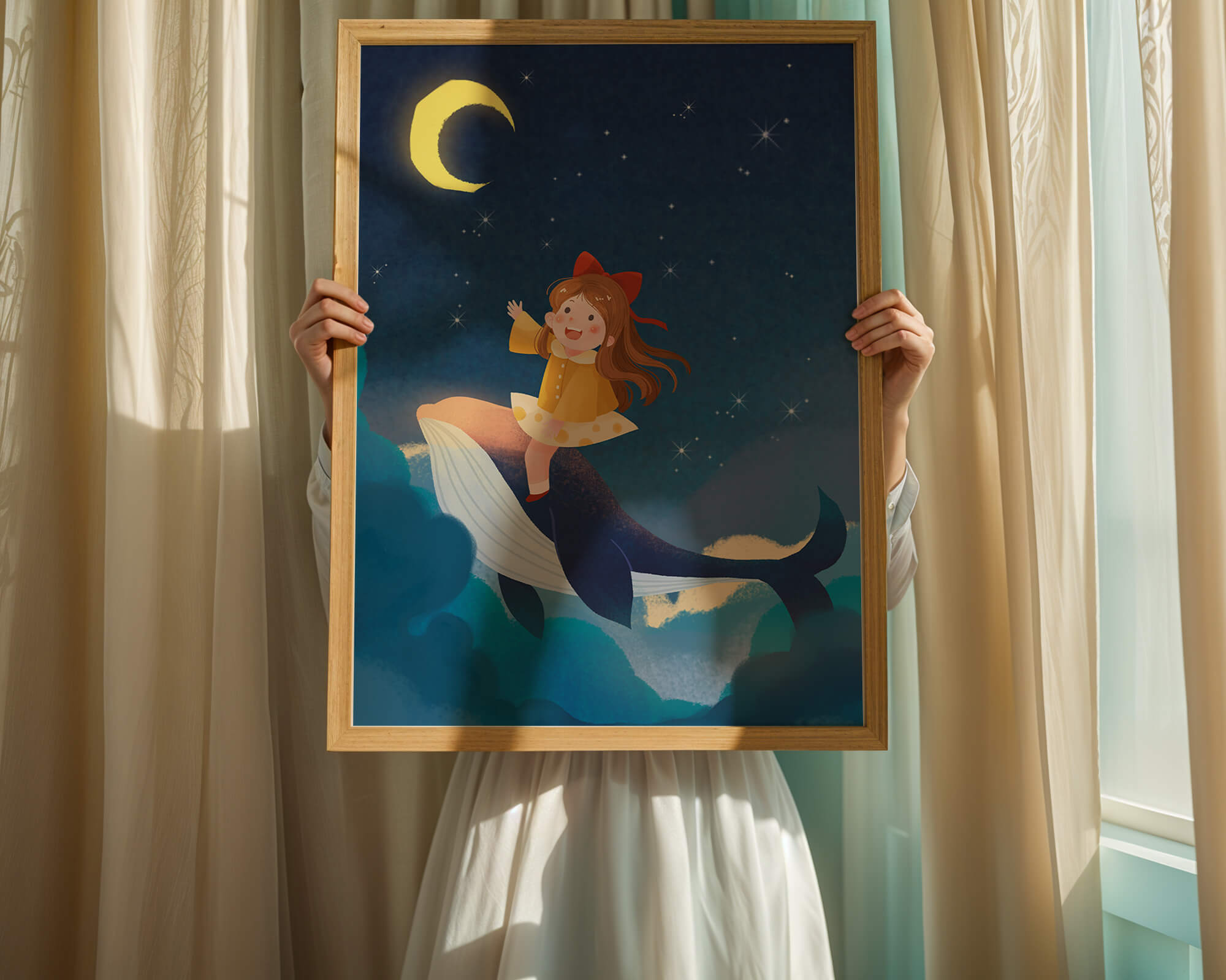 Girl on a whale under starry night sky