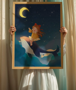 Girl on a whale under starry night sky