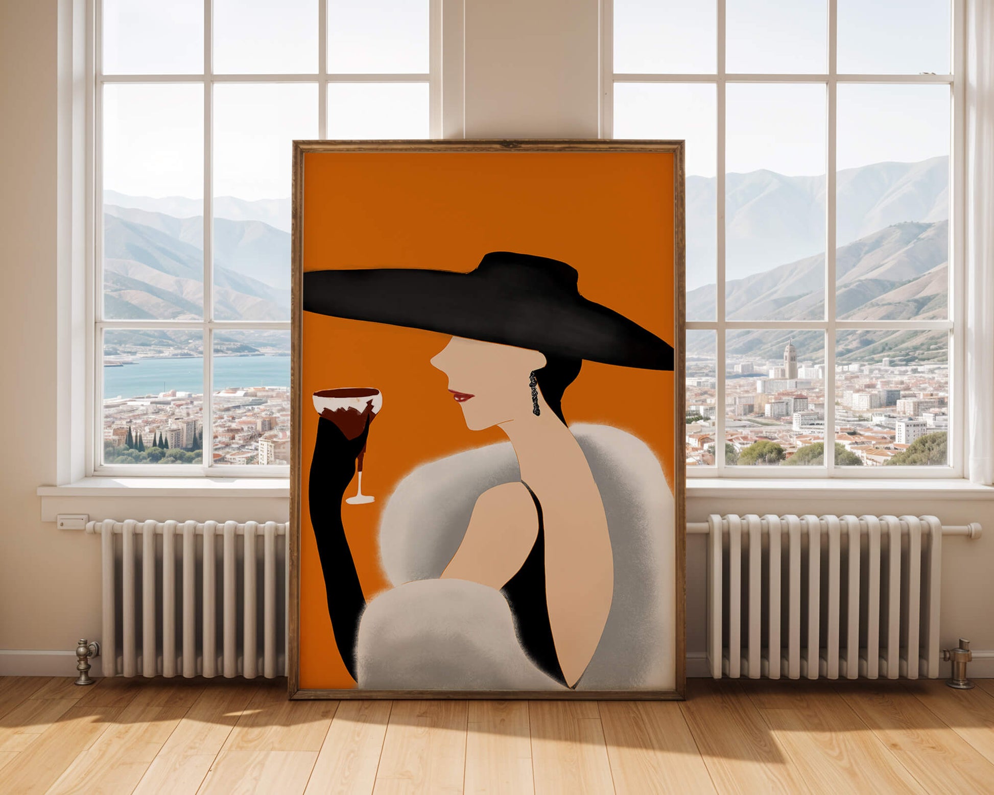Elegant Woman in Black Hat and White Fur with Wine Glass