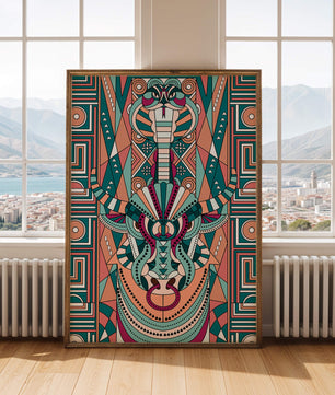 Arte tribal geométrico con motivos de serpiente y toro